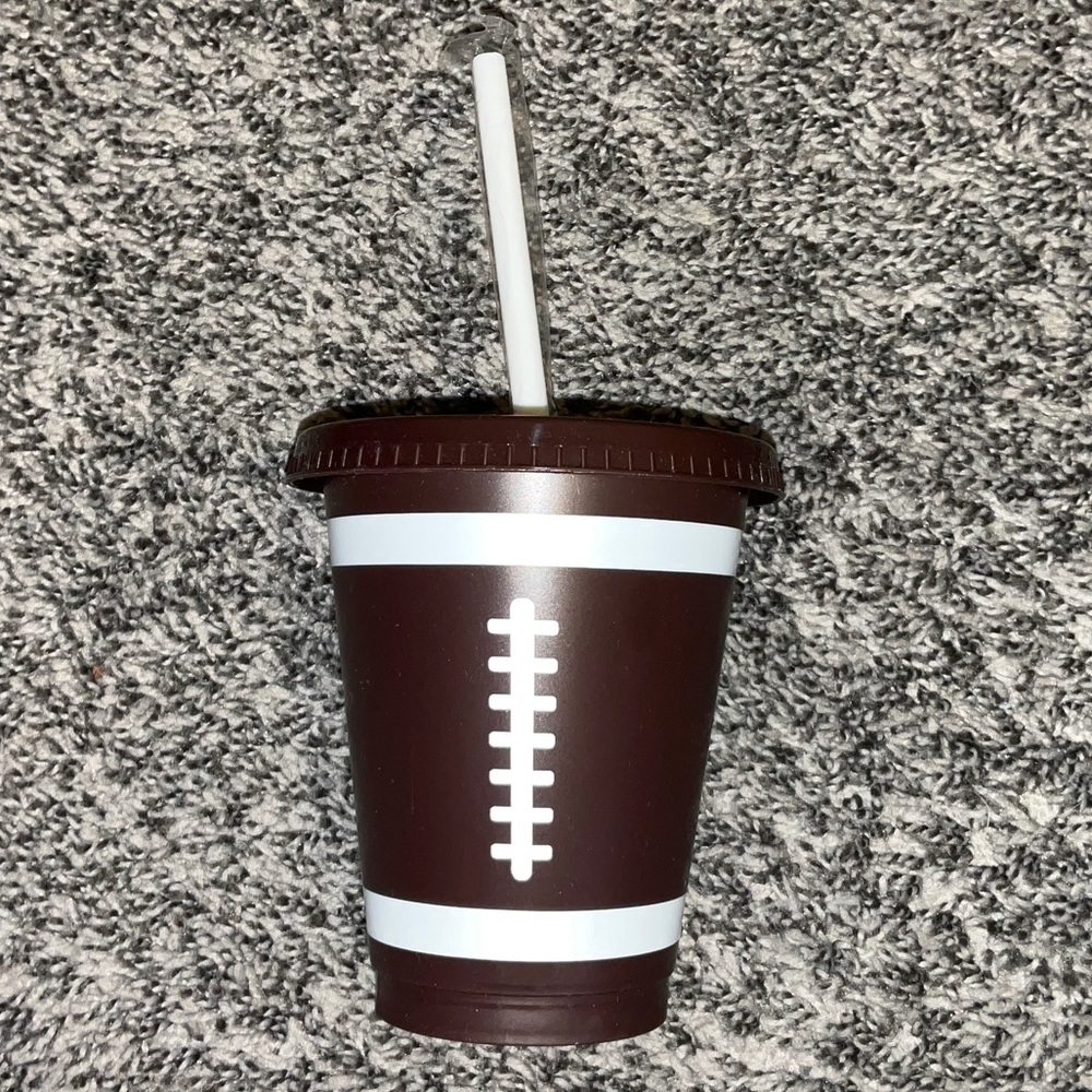 Brown Football-Themed Tumbler with Straw